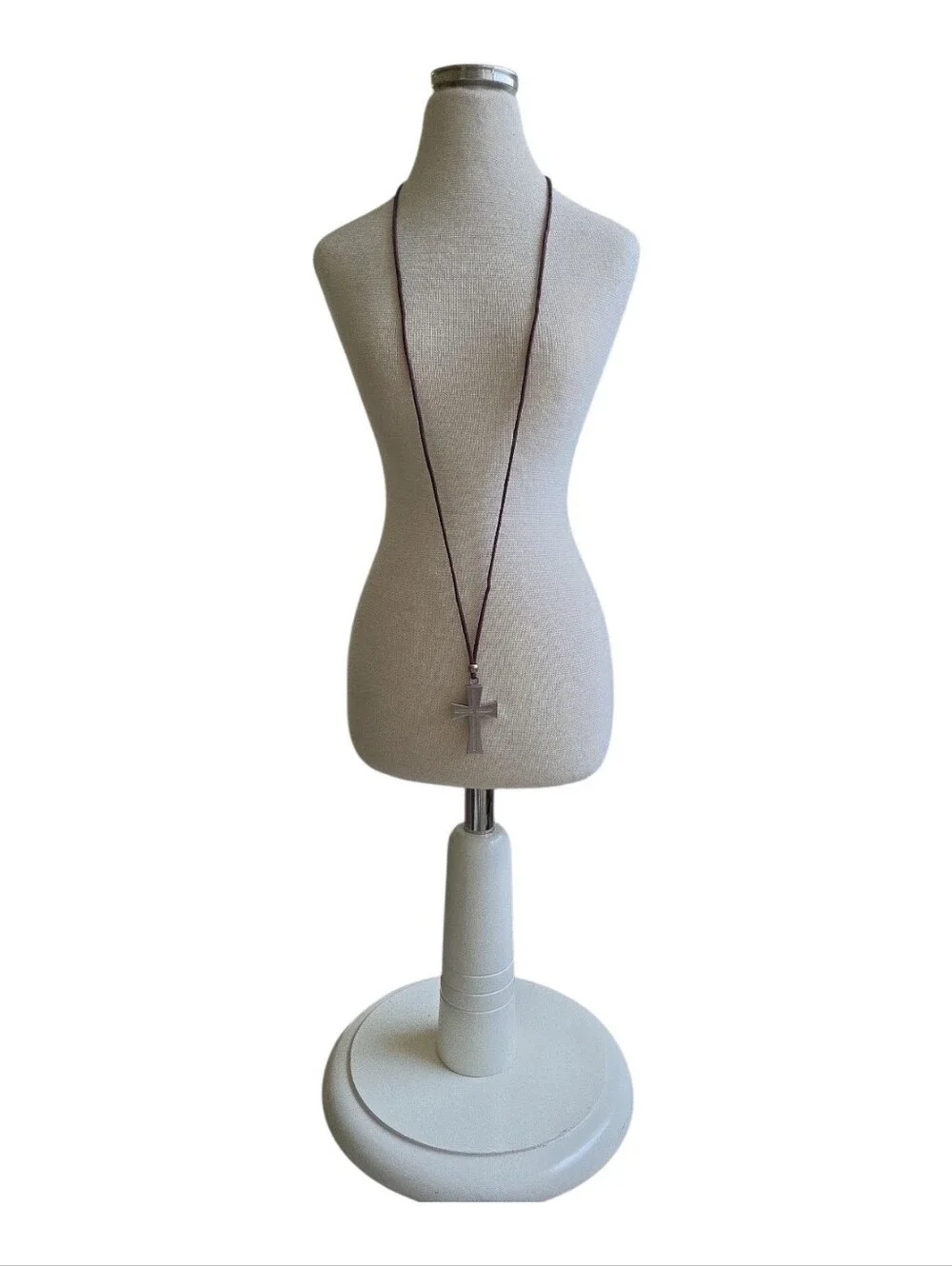 Long Brown Cord Necklace with Silver Cross Pendant 31